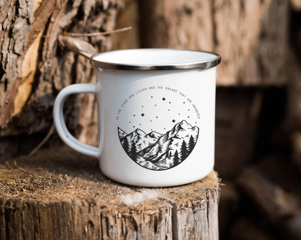 To the Stars Who Listen and the Dreams that are Answered Mug | OFFICIALLY LICENSED | Sarah J Maas Enamel Campfire ACOTAR Mugs Ceramic Merch; gifting ideas for fantasy romance romantasy readers and A Court of Thorns and Roses fans